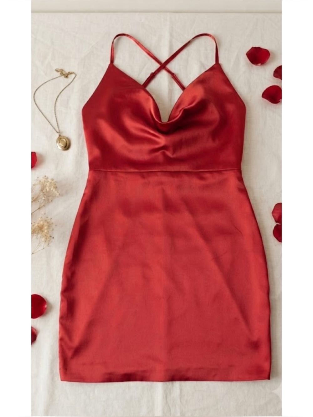 Cowl Neck Satin Mini Dress Cross Back Adjustable Straps Low Back